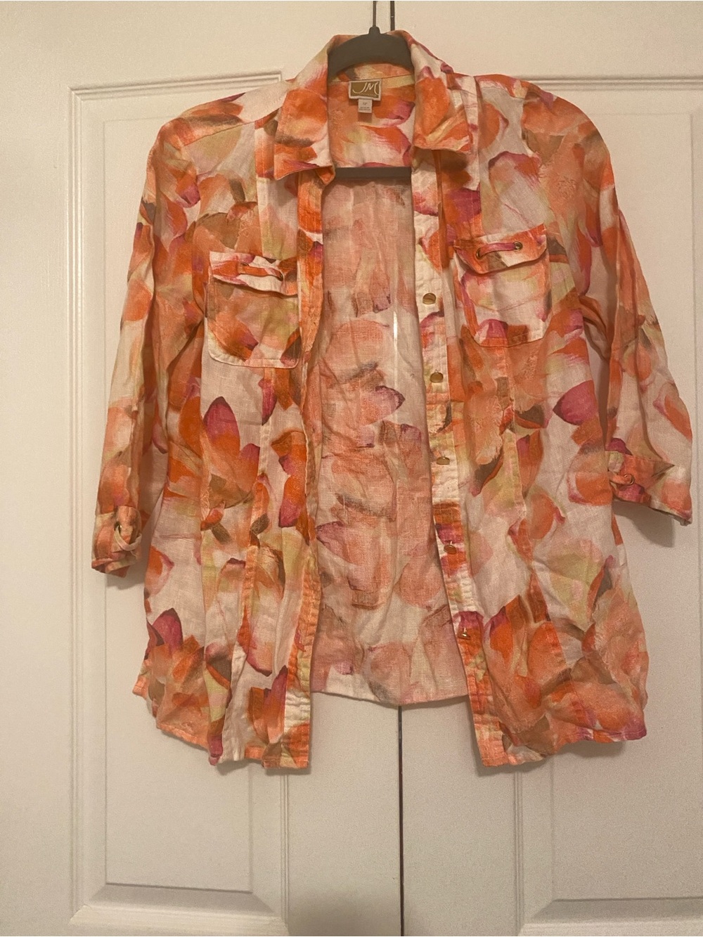 JM Collection 100% Linen Petite Floral Button Down in Orange Pink